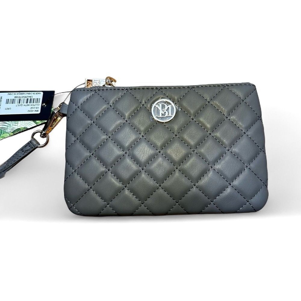 NWT Badgley Mischka Vegan Leather Quilted Wristlet Clutch Grey Gold-Tone Logo - Picture 2 of 6